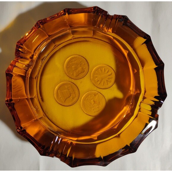 Fostoria Amber Coin Glass Cigar Cigarette Ashtray MCM Vintage Heavy 8" Rare
